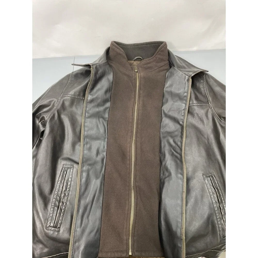 Columbia Faux Leather Bomber Jacket Aviator Distressed Full Zip Brown Mens L
